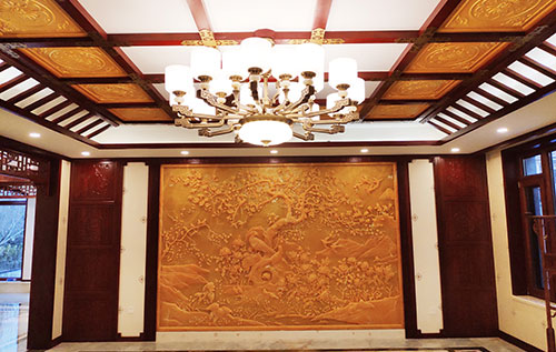龙里中式别墅客厅中式木作横梁吊顶装饰展示
